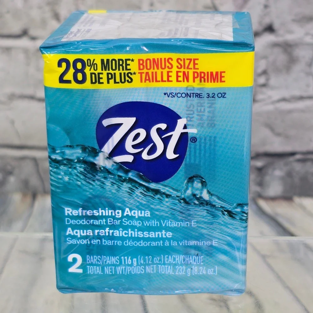 Zest Refreshing Aqua Deodorant Bar Soap 8 Bars Total 4.12oz Vitamin E Bonus Size